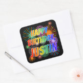 Voornaam "JUSTIN", geun "HAPPY BIRTHDAY" Vierkante Sticker (Envelop)