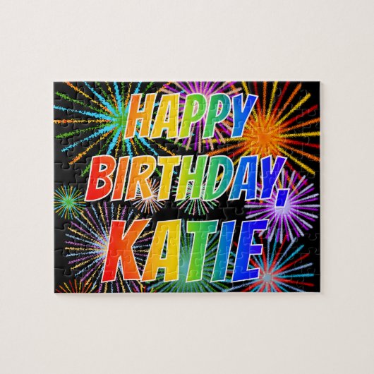Voornaam "KATIE", geun "HAPPY BIRTHDAY" Legpuzzel (Horizontaal)