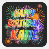 Voornaam "KATIE", geun "HAPPY BIRTHDAY" Vierkante Sticker (Voorkant)