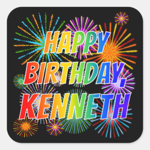 Voornaam: "KENNETH", Fun "HAPPY BIRTHDAY" Vierkante Sticker