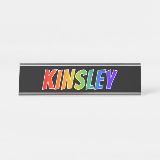 Voornaam "KINSLEY": vun regenboogkleuren Bureau Naambordje (Voorkant)