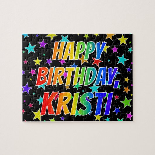 Voornaam "KRISTI", geun "HAPPY BIRTHDAY" Legpuzzel (Horizontaal)