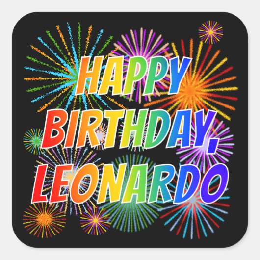 Voornaam "LEONARDO", geun "HAPPY BIRTHDAY" Vierkante Sticker (Voorkant)