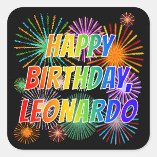 Voornaam "LEONARDO", geun "HAPPY BIRTHDAY" Vierkante Sticker