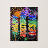 Voornaam "LESLIE", geun "HAPPY BIRTHDAY" Legpuzzel (Verticaal)