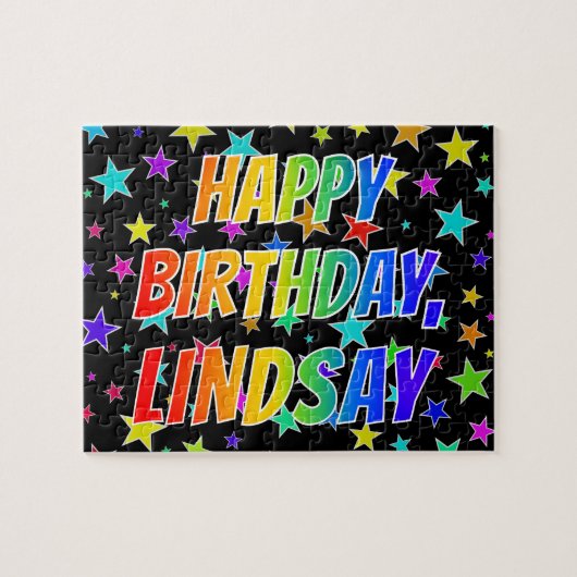 Voornaam "LINDSAY", geun "HAPPY BIRTHDAY" Legpuzzel (Horizontaal)