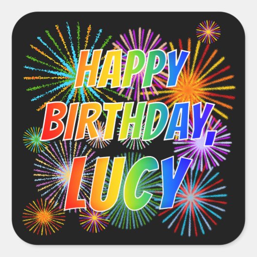 Voornaam "LUCY", geun "HAPPY BIRTHDAY" Vierkante Sticker (Voorkant)