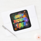 Voornaam "LUCY", geun "HAPPY BIRTHDAY" Vierkante Sticker (Envelop)