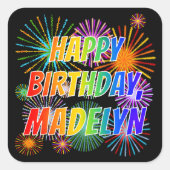 Voornaam "MADELYN", geun "HAPPY BIRTHDAY" Vierkante Sticker (Voorkant)