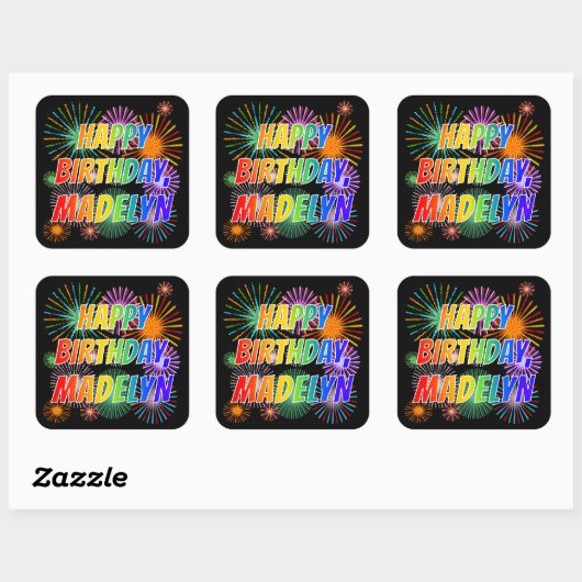 Voornaam "MADELYN", geun "HAPPY BIRTHDAY" Vierkante Sticker (Vel)
