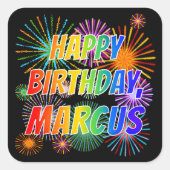 Voornaam "MARCUS", geun "HAPPY BIRTHDAY" Vierkante Sticker (Voorkant)