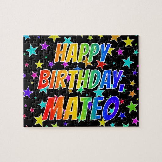 Voornaam "MATEO", geun "HAPPY BIRTHDAY" Legpuzzel (Horizontaal)