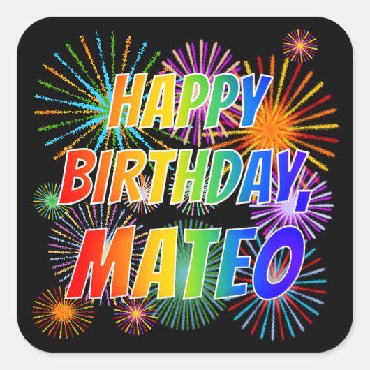 Voornaam "MATEO", geun "HAPPY BIRTHDAY" Vierkante Sticker (Voorkant)