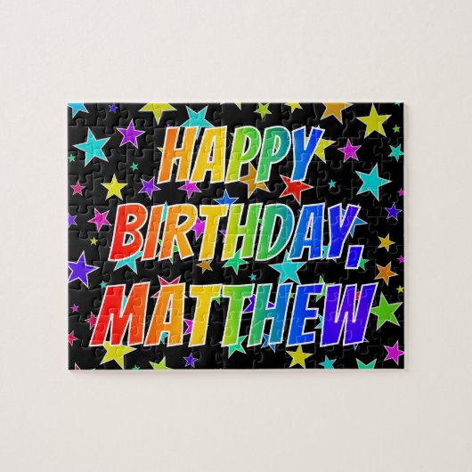 Voornaam "MATTHEW", geun "HAPPY BIRTHDAY" Legpuzzel (Horizontaal)
