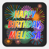 Voornaam "MELISSA", geun "HAPPY BIRTHDAY" Vierkante Sticker (Voorkant)