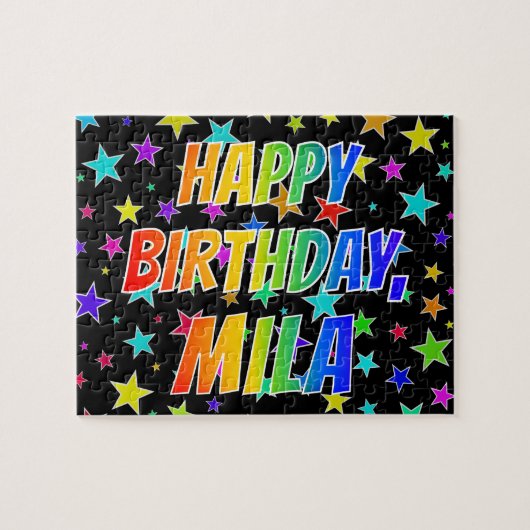 Voornaam "MILA", geun "HAPPY BIRTHDAY" Legpuzzel (Horizontaal)