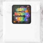 Voornaam "MILA", geun "HAPPY BIRTHDAY" Vierkante Sticker (Tas)