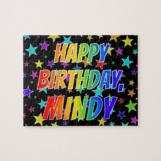 Voornaam "MINDY", geun "HAPPY BIRTHDAY" Legpuzzel (Horizontaal)