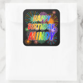 Voornaam "MINDY", geun "HAPPY BIRTHDAY" Vierkante Sticker (Tas)