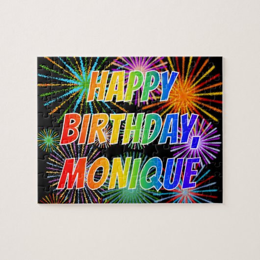 Voornaam "MONIQUE", geun "HAPPY BIRTHDAY" Legpuzzel (Horizontaal)