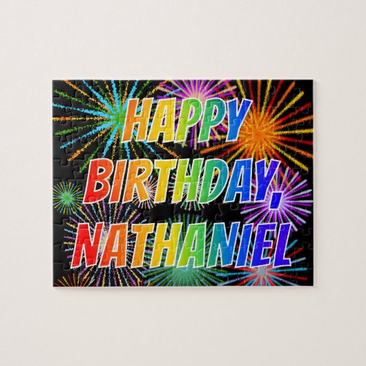 Voornaam "NATHANIEL", geun "HAPPY BIRTHDAY" Legpuzzel (Horizontaal)