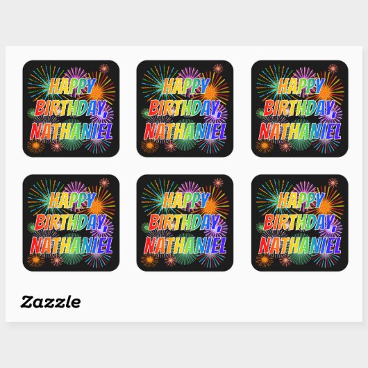 Voornaam "NATHANIEL", geun "HAPPY BIRTHDAY" Vierkante Sticker (Vel)