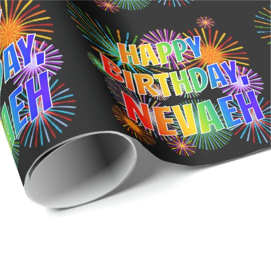 Voornaam "NEVAEH", geun "HAPPY BIRTHDAY" Cadeaupapier (Rol Hoek)