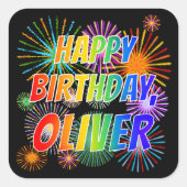 Voornaam "OLIVER", geun "HAPPY BIRTHDAY" Vierkante Sticker (Voorkant)