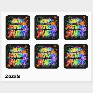Voornaam "OLIVER", geun "HAPPY BIRTHDAY" Vierkante Sticker