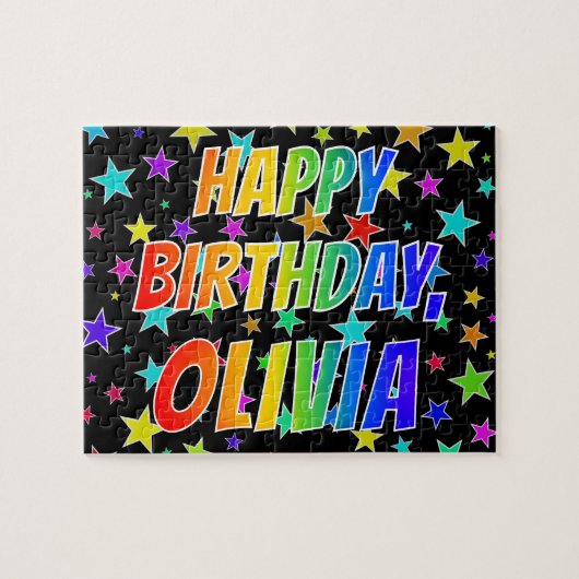 Voornaam "OLIVIA", geun "HAPPY BIRTHDAY" Legpuzzel (Horizontaal)