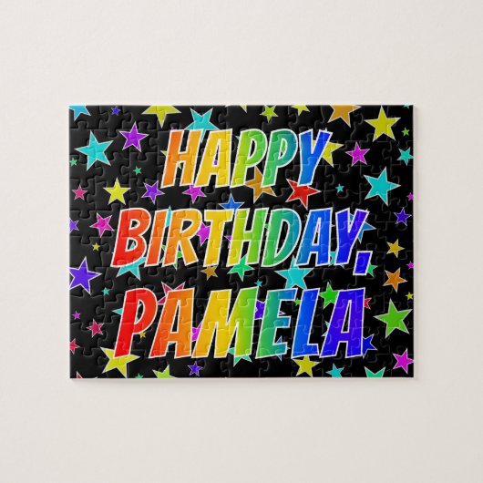 Voornaam "PAMELA", geun "HAPPY BIRTHDAY" Legpuzzel (Horizontaal)