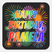 Voornaam "PAMELA", geun "HAPPY BIRTHDAY" Vierkante Sticker (Voorkant)