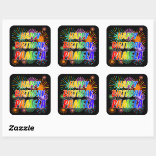 Voornaam "PAMELA", geun "HAPPY BIRTHDAY" Vierkante Sticker
