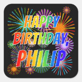 Voornaam "PHILIP", geun "HAPPY BIRTHDAY" Vierkante Sticker (Voorkant)