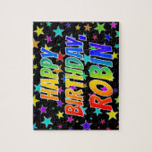 Voornaam "ROBIN", geun "HAPPY BIRTHDAY" Legpuzzel (Verticaal)