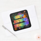 Voornaam "SEBASTIAN", geun "HAPPY BIRTHDAY" Vierkante Sticker (Envelop)