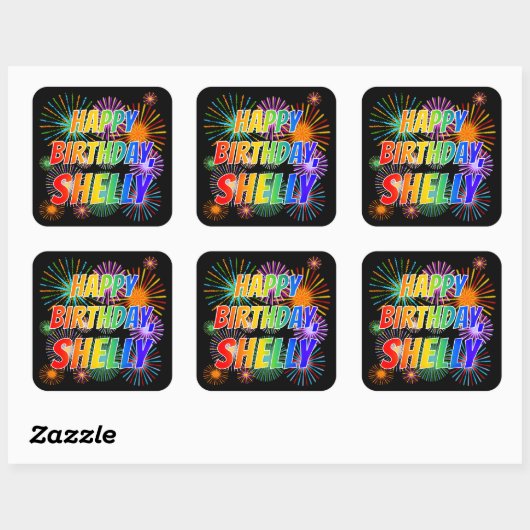 Voornaam "SHELLY", geun "HAPPY BIRTHDAY" Vierkante Sticker (Vel)
