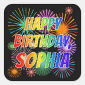 Voornaam "SOPHIA", geun "HAPPY BIRTHDAY" Vierkante Sticker (Voorkant)