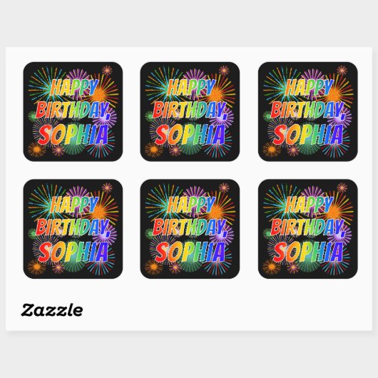 Voornaam "SOPHIA", geun "HAPPY BIRTHDAY" Vierkante Sticker (Vel)
