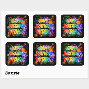 Voornaam "SYDNEY", lettertype "HAPPY BIRTHDAY" Vierkante Sticker
