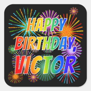 Voornaam "VICTOR", geun "HAPPY BIRTHDAY" Vierkante Sticker