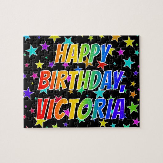 Voornaam "VICTORIA", geun "HAPPY BIRTHDAY" Legpuzzel (Horizontaal)