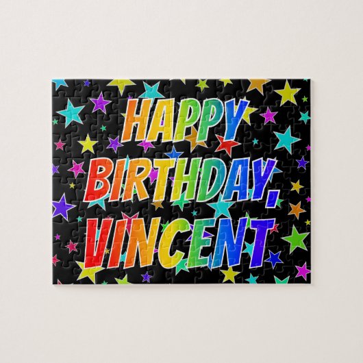 Voornaam "VINCENT", geun "HAPPY BIRTHDAY" Legpuzzel (Horizontaal)