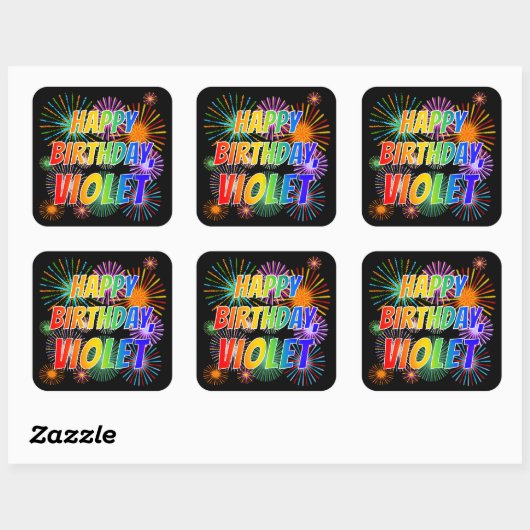 Voornaam "VIOLET", geun "HAPPY BIRTHDAY" Vierkante Sticker (Vel)