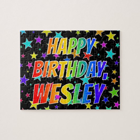 Voornaam "WESLEY", geun "HAPPY BIRTHDAY" Legpuzzel (Horizontaal)