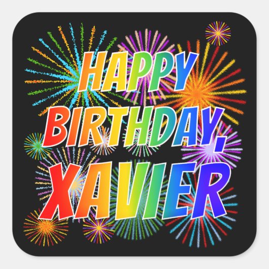 Voornaam "XAVIER", geun "HAPPY BIRTHDAY" Vierkante Sticker (Voorkant)