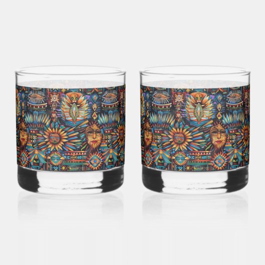 Voorouderlijk kobalt "Pre-Columbian Tapestry" Rock Whisky Glas (Achterkant)