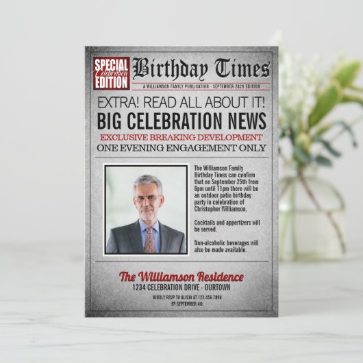 Voorpagina Krant Verjaardagsfeest Uitnodiging (Staand voorkant)