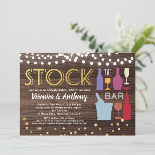 Voorraad de bar uitnodiging verloving hout & goud (Staand voorkant)