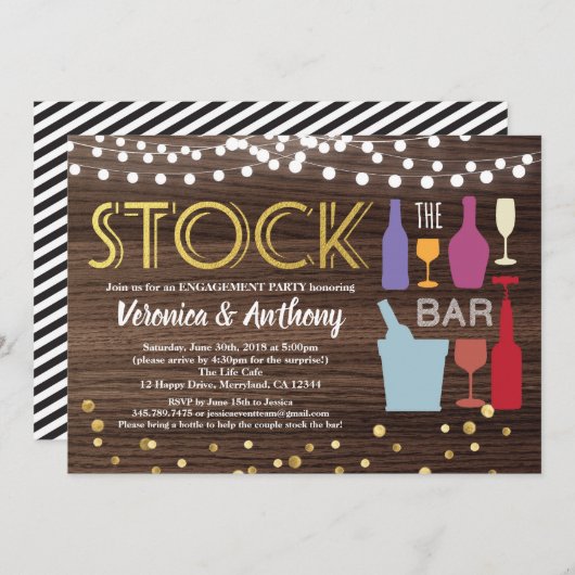 Voorraad de bar uitnodiging verloving hout & goud (Voorkant / Achterkant)